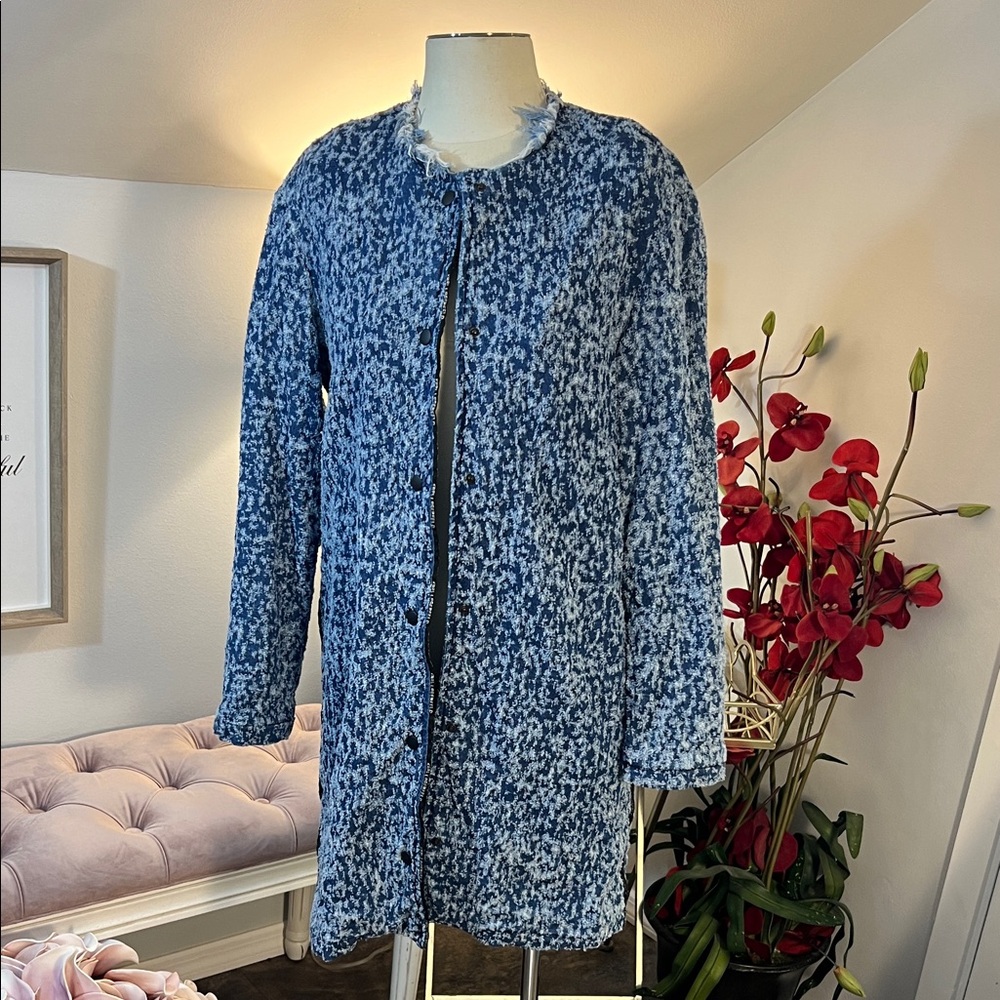 Karl Lagerfeld Paris Denim Bouclé Raw Edge Longline Jacket Size Small
